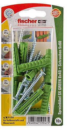 Fischer Spreizdübel SX Green 8x40 S K, 10 x Spanplattenschraube 5 x 60, 524823