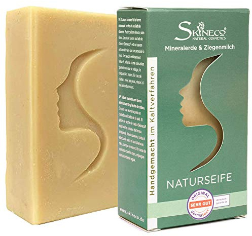 Skineco Ziegenmilchseife mit grüner Mineralerde – Handgemachte Naturseife ohne Duftstoffe | Sanfte Reinigung für Gesicht, Körper & Hände | Naturkosmetik bei unreiner & sensibler Haut