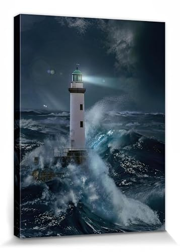 1art1 Leuchttürme Poster Leuchtturm Bei Sturm Im Mondlicht Bilder Leinwand-Bild Auf Keilrahmen | XXL-Wandbild Poster Kunstdruck Als Leinwandbild 40x30 cm