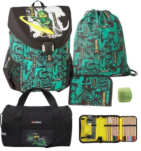 Familando - Easy Schulranzen Set 5-teilig - Lego Ninjago Spinjitzu - Ergonomisch, stabil & mit gepolstertem Rücken - 790g leicht mit 21L Volumen - mit Reflektoren - Ab 1. Klasse