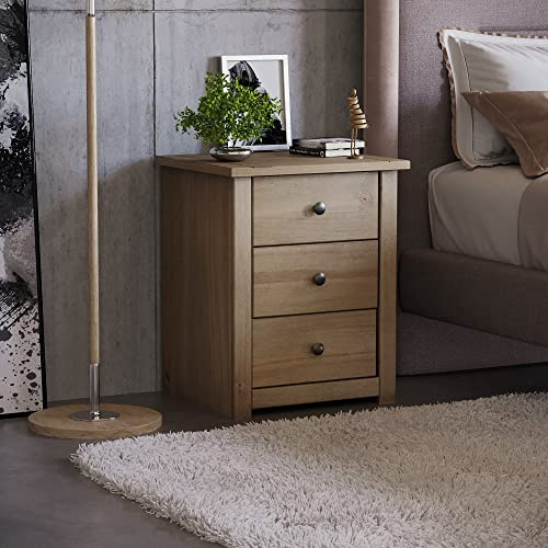 Vida Designs Panama - Comodino con 3 cassetti, in rovere naturale cerato, per camera da letto