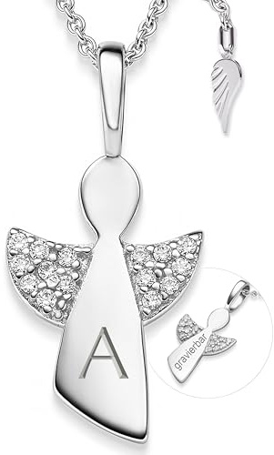Amoonìc Schutzengel Kette Mädchen Kommunion Silber 925, Geschenk zur Taufe | Erstkommunion Konfirmation Taufkette, personalisierte Halskette mit Engel-Anhänger Engel Kettenanhänger für Kinder mit Gravur
