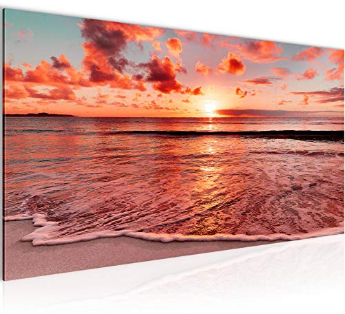 Runa Art Wandbild Sonnenuntergang Strand 1 Teilig 100 x 40 cm Modern Bild auf Vlies Leinwand Panorama Schlafzimmer Wohnzimmer Rosa Rot 607912b