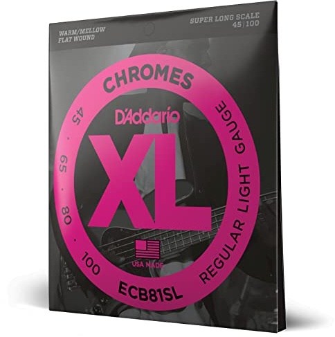 Cuerdas D'Addario para guitarra baja, XL Chromes Flat Wound, ECB81SL, calibre normal ligero 45-100, escala superlarga, juego de 4 cuerdas, paquete de 1