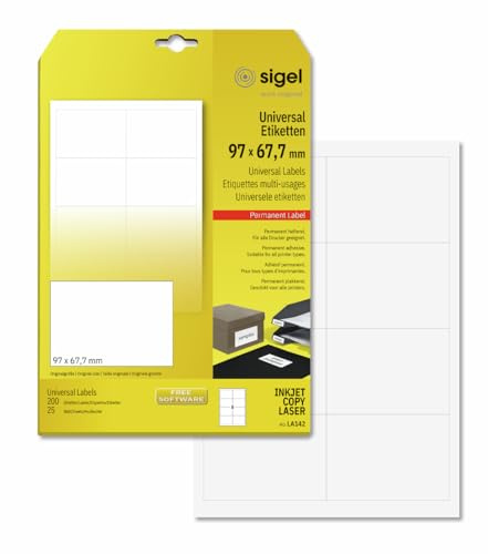 SIGEL Universal Etiketten 97 x 67,7 mm selbstklebend 200 Etiketten | LA142, Für Adressen, Versand und Beschriftungen