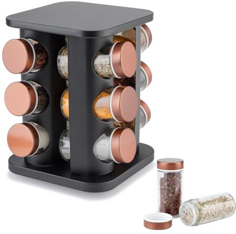 EliteHoff Estante giratorio para especias, carrusel con tarros de especias, estantería cuadrada negra, contenedores de almacenamiento de especias, cobre