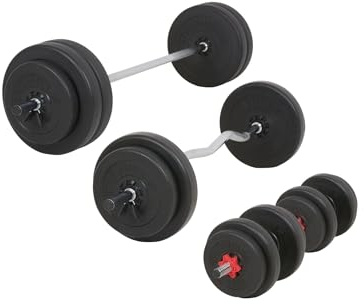 150 kg Hantelset aus 1,6m Langhantelstange, 1,3m Curlstange, 2 x 45cm Kurzstange und Hantelscheiben (4 x 2,5kg, 8 x 5kg, 4 x 10kg, 4 x 15kg)