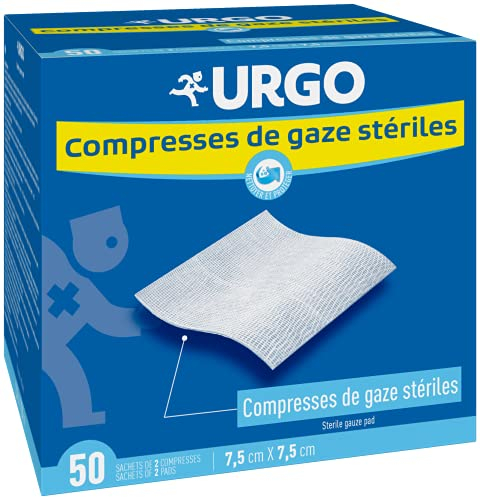 Urgo - Compresses de gaze stériles - Absorption - Boîte de 50 sachets de 2 compresses - 7,5cm x 7,5cm