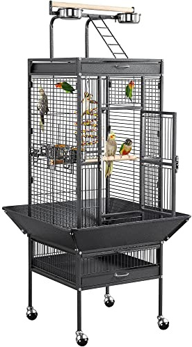 Yaheetech 61-inch Playtop Wrought Iron Large Parrot Bird Cages with Rolling Stand for Cockatiels Amazon Parrot Quaker Conure Parakeet Lovebird Finch Canary Small Medium Parrot Cage Birdcage, Black