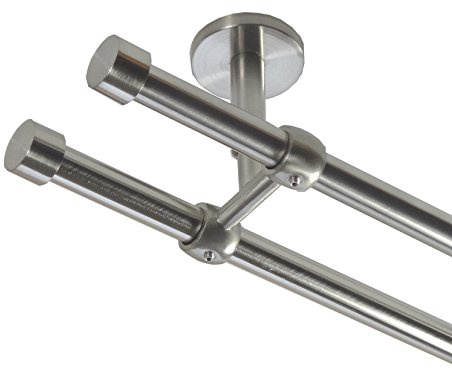 BASIT Gardinenstange Edelstahllook 16mm 2-läufig Decke 320cm lang D21 | Gardinenstangenset doppelläufig Deckenmontage Metall Vorhangstange Deckenhalterung 120-600cm wählbar Kappe E16