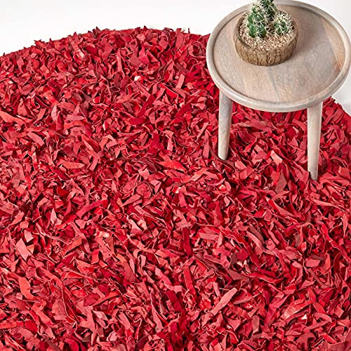 Homescapes runder Lederteppich Dallas (150cm), Fransenteppich aus 100% Echtleder, moderner Shaggy-/Hochflor-Teppich, rot