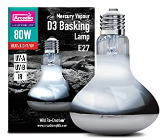 Arcadia Mercury Vapour D3 UV Basking Lampe 80W. Vollspektrum-UVA-Reptilien-Wärmelampe für Bartagamen, Schildkröten, Reptilien & Wasserschildkröten für Terrarium & Vivarium