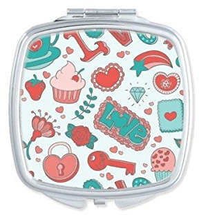 DIYthinker Valentinstag-Liebes-Grün, Rot, Kuchen Erdbeere Herz-Verschluss-Key-Blumen-Rosen-Sterne-Illustration Muster-Quadrat-Compact Make-up Taschenspiegel Tragbare Nette kleine Handspiegel
