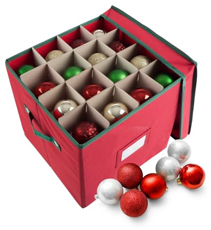Christmas Decor Storage Box - Red Oxford Canvas Ornament Cube Chest With 64 Compartment Dividers, Riveted Handles, and Lid by Elf Stor