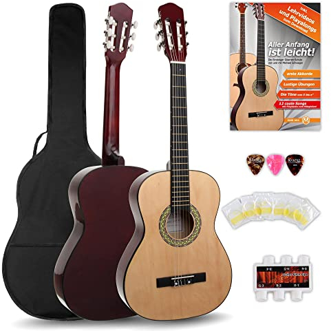 Classic Cantabile AS-851 3/4 Konzertgitarre Starter Set (Komplettes Anfänger Set mit Klassik Gitarre, Gigbag Tasche, Nylonsaiten, Lehrbuch/Schule, 3x Plektren und Stimmpfeife)