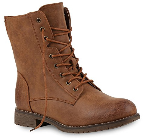 Damen Schnürstiefeletten Profilsohle Boots Camouflage Stiefeletten Leder-Optik Schnür Übergrößen Schuhe 121964 Braun Camargo 39 Flandell