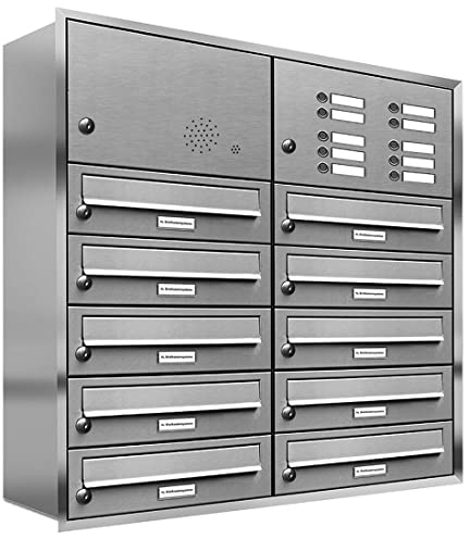AL Briefkastensysteme, 10er Unterputzbriefkasten, Briefkasten mit Klingel, 10 Fach, Briefkastenanlage modern, rostfrei Edelstahl Postkasten