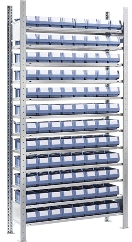 eurokraft | Steckregal mit Regalkästen | Höhe 2000 mm | 96 Kästen | 12 Fachböden | Tiefe 336 mm | Grundregal