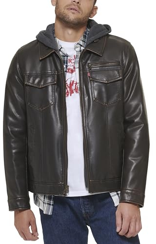 Levi's Men's Levs Faux Leather Two Pocket Trucker Hoody with Sherpa Lining, Dark Brown, XX-Large