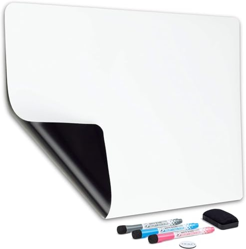 Magnetische Whiteboard-Folie für den Kühlschrank – 48 x 33 cm – schmutzabweisend, mit 3 feinen Stiften und großem Radiergummi mit Magnet – von Yes4Quality