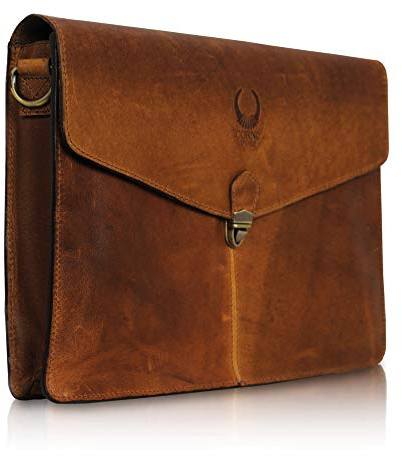Corno d´Oro Premium Laptoptasche 14 Zoll Laptop Leder I Handgefertigte MacBook Tasche Echt Leder I Umhängetasche Herren Klein Braun für DIN A4 Größe