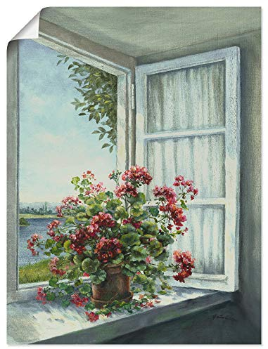 ARTLAND Wanddeko Poster & Kunstdrucke Wandposter 60x80 cm Fensterblick Fenster Blumen Botanik Geranie Malerei Landhaus Kunst T4DR