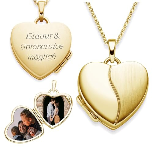 Herz Medaillon zum Öffnen mit Bild Gold vergoldet Damen, Amulett Anhänger | Aufklappbar, Kette personalisiert, Foto-Service & Gravur