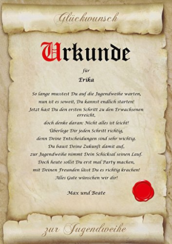 Urkunde personalisiert Geschenk Karte zur Jugendweihe Pergament A4 Papier Motive