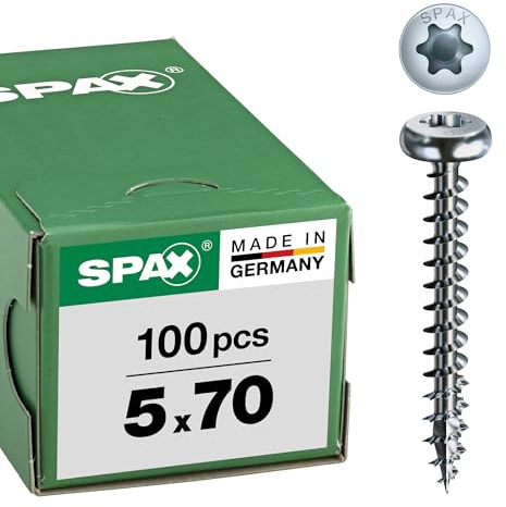 SPAX Universalschraube, 5,0 x 70 mm, 100 Stück, T-STAR plus, Halbrundkopf, Vollgewinde, 4CUT, WIROX A9J, blank verzinkt, 0201010500703