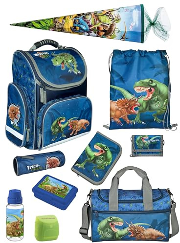 Familando - Schulranzen Set CLOU - 10-teilig mit Schultüte - Dinosaurier - Ergonomisch, Stabil & mit gepolstertem Rücken - 930g leicht - 15L Volumen - Mit Reflektoren - Für Grundschule ab 1. Klasse
