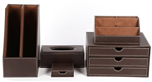 KINGFOM 5pcs Leder büro Schreibtisch Set - Inklusive Schreibtisch Organisator, Schubladenbox, Kosmetiktücherbox, Zeitschriftensammler Halter und Zettelbox (T08-Braun)