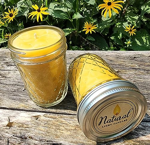 Made in USA 2/ 8oz Beeswax Jar Candles 2.25 W x 3.75 H Burning time 40-45 Hours Each. 100% Pure Local Beeswax and 100% Cotton Wick Nothing Else. Hypoallergenic