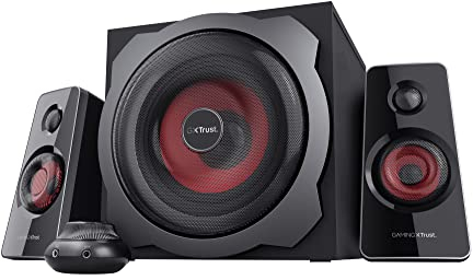 Trust Gaming GXT 38 2.1 Gaming Lautsprechersystem mit Subwoofer (für Smartphone/PC- Tablet, 120 Watt), 19023, Schwarz/Rot