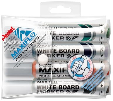 Pentel Maxiflo Pochette 4 Marqueurs tableau blanc Pointe ogive large Encre Noir, Bleu, Vert, Rouge MWL5M/4