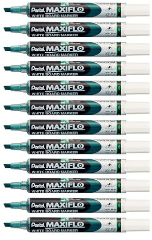 Pentel Maxiflo Whiteboard-Marker, trocken abwischbar, mittlere Keilspitze, grüne Flüssigtinte, 12 Stück