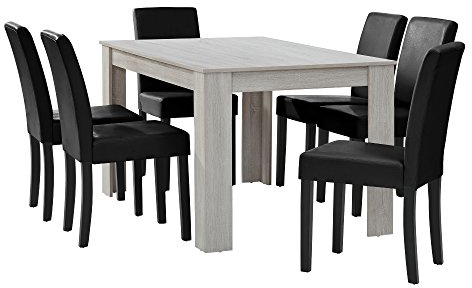 [en.casa] Esstisch Eiche weiß mit 6 Stühlen schwarz Kunstleder gepolstert 140x90 Essgruppe Esszimmer