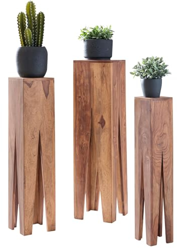 FineBuy Beistelltisch 3er Set Massivholz Satztisch Quadratisch Modern, Säulentisch Pflanzentisch 3-teilig, Blumenständer Blumentisch Wohnzimmer, Pflanzenhocker Blumenhocker Dekosäule Beige