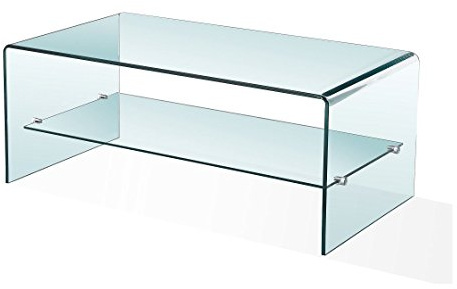 Oak Furniture King Luna Curved Glass Coffee Table with Shelf, Modern Bent Glass Living Room Table, 120 x 40 cm, Clear