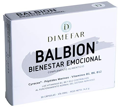 DIMEFAR - Balbion - Ansiedad + Estrés - Melisa Extracto - Péptidos Marinos - Vitaminas B1, B6, B12, 30 Cápsulas | Contra Ansiedad y Estrés | Equilibrio Sistema Nervioso