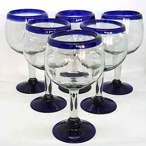 Mexican soplado copas de vino globo de cristal azul cobalto borde (Set de 6)