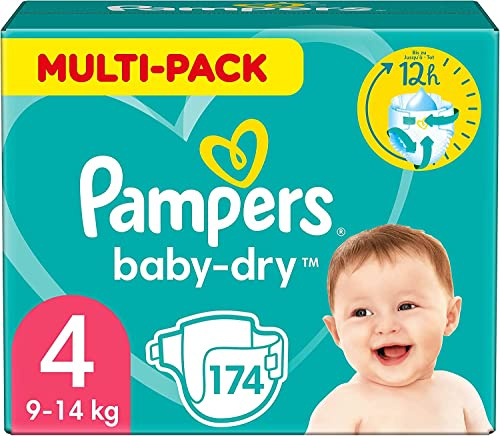 Pampers Couches Taille 4 (9-14 kg), Baby-Dry, 174 Couches Bébé, Pack 1 Mois, Jusqu'à 12h Bien Au Sec et Avec Double-Barrière Anti-Fuites