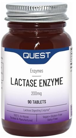 Quest Lactase Enzyme 200mg Lactose Intolerance Relief. 2000 ALU Fast Relief Dairy Enzymes Digestive Supplement to Prevent Gas, Bloating & Diarrhoea. Dairy, Gluten Free & Vegan (3 Pack x 90 Tablets)