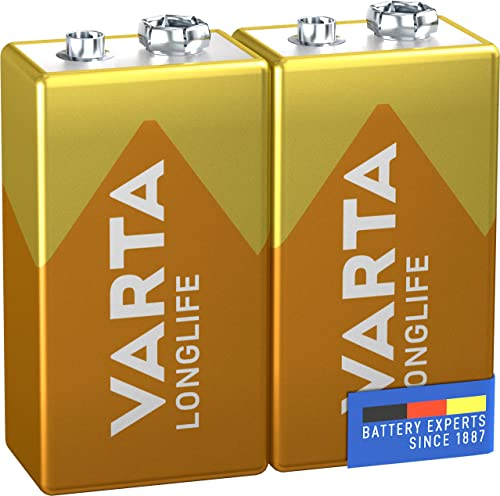 VARTA Longlife 4122- 6LP3146, Blocco da 9V, Batteria alcaline blocco E - Made in Germany - Ideali per rilevatori antincendio, rilevatori di fumo, accordatori, Confezione da 2