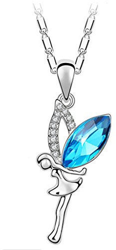 Yumilok Damen Halskette mit Blauer Österreichischer Kristall Engel Fee Elfe Anhänger Mädchen Kette Liegierung Silberfarben für Damen Mädchen