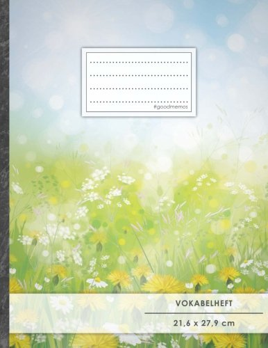 VOKABELHEFT DIN A4 • 50+ Seiten, Softcover, Register, Zweispaltig, Erfolgs-Tacker, Frühlingsblumen • Original #GoodMemos Schulheft • Fremdsprachen leicht lernen, Lineatur 53