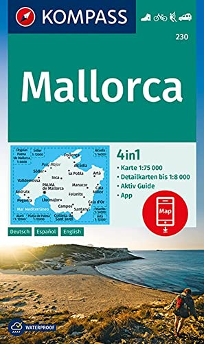 KOMPASS Wanderkarte 230 Mallorca 1:75.000: 4in1 Wanderkarte mit Aktiv Guide und Detailkarten inklusive Karte zur offline Verwendung in der KOMPASS-App. Fahrradfahren. Klettern. Autokarte.