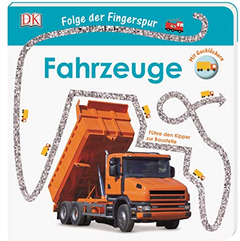 Folge der Fingerspur. Fahrzeuge: Führe den Kipper zur Baustelle. Mit Glitzerspur und Gucklöchern.