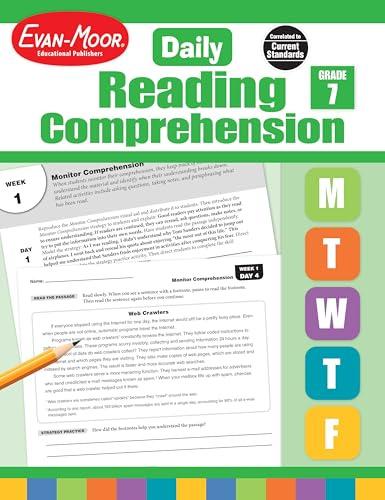 Evan-Moor Daily Reading Comprehension, Grade 7 - Homeschooling & Classroom Resource Workbook, Reproducible Worksheets, Teaching Edition, Fiction and Nonfiction, Lesson Plans, Test Prep