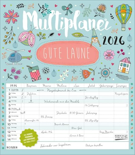 Multiplaner - Gute Laune 2026: Familienplaner, 7 breite Spalten. Großer Familienkalender mit Ferienterminen, extra Spalte, Vorschau bis März 2027 und Datumsschieber. Format: 40x46 cm