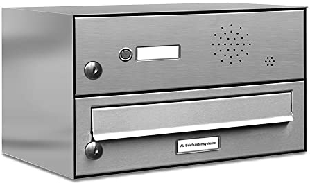 AL Briefkastensysteme 1er Briefkasten mit Klingel V2A Edelstahl, Premium Briefkasten DIN A4, 1-Fach Postkasten modern Aufputz